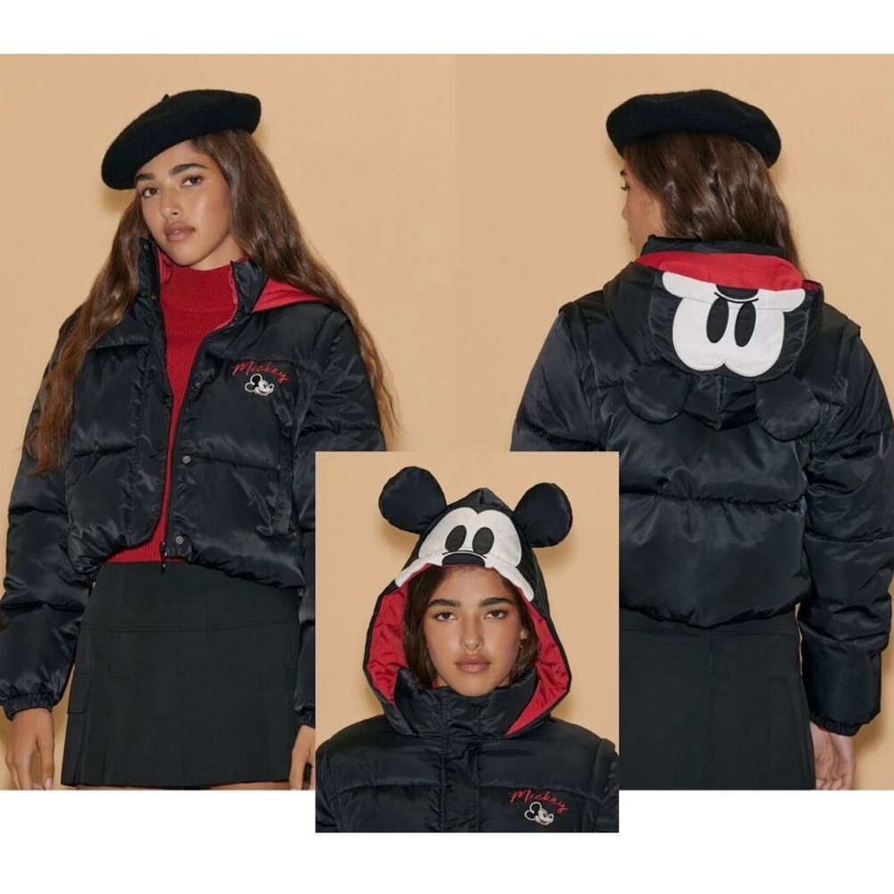 Disney Mickey Mouse Black Red Puffer Jacket NWT Women’s Small Hooded